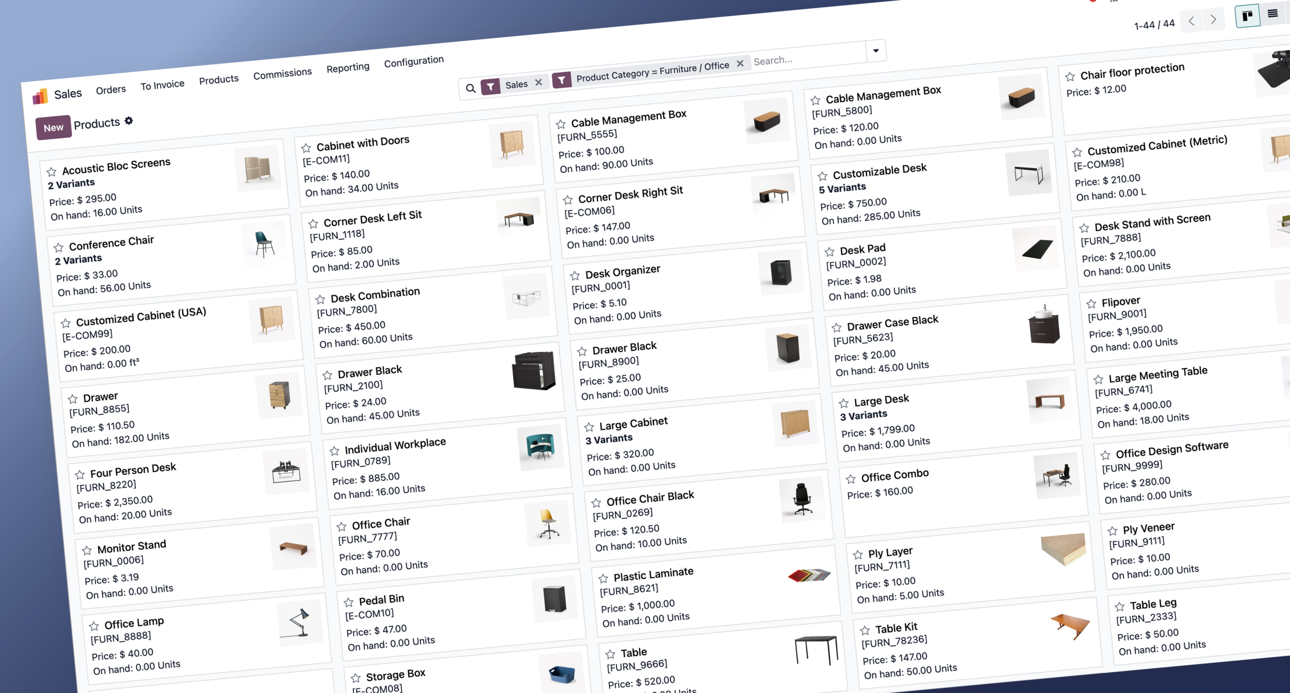 Odoo Sales-module met de productlijst in kanban-weergave, als databron voor een InDesign-catalogus