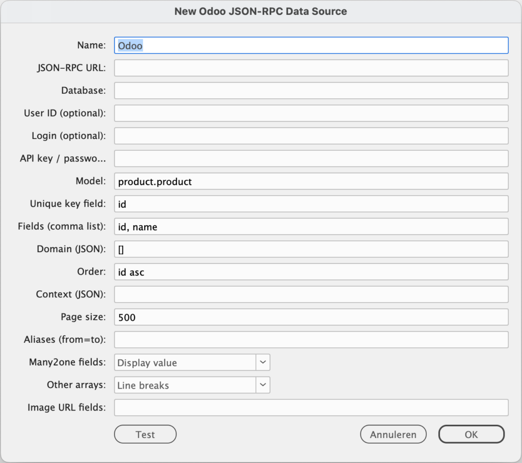 Configuration window of the Odoo JSON-RPC data source in EasyCatalog, with fields for JSON-RPC URL, database, model, fields, domain and page size
